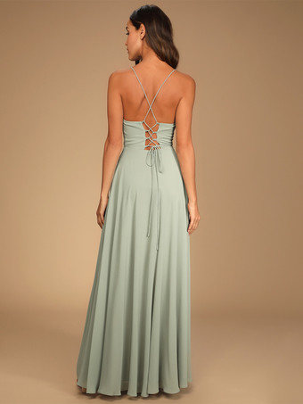 ブライズメイドドレス シフォン Aライン スパゲッティストラップ ハイスリット ウェディングパーティードレス