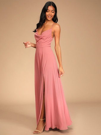 ピンクブライズメイドドレス シフォン Aライン スパゲッティストラップ ハイスリット ウェディングパーティードレス