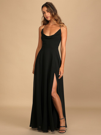 ブラックブライズメイドドレス シフォン Aライン スパゲッティストラップ ハイスリット ウェディングパーティードレス