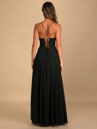 ブライズメイドドレス シフォン Aライン スパゲッティストラップ ハイスリット ウェディングパーティードレス