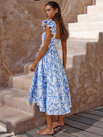 スモックドレス プリント フラッタースリーブ 伸縮性のあるバスト バケーション カジュアル ミディドレス