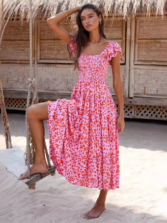 ピンクスモックドレス プリント フラッタースリーブ 伸縮性のあるバスト バケーション カジュアル ミディドレス