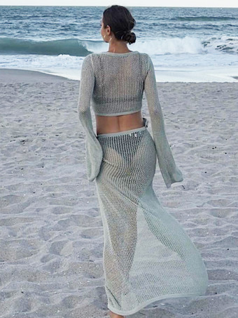 ビーチカバーアップ 中空ラウンドネック クロップトップとフルスカート 2点セット