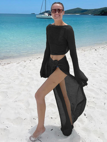 ブラック ビーチカバーアップ 中空ラウンドネック クロップトップとフルスカート 2点セット