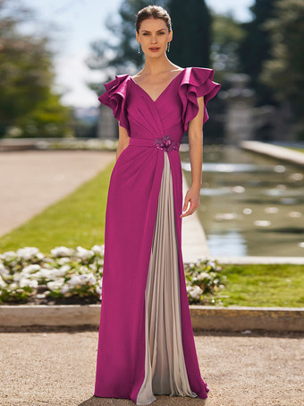 マゼンタカクテルドレス付き 可愛いAライン フロア丈 Vネック フリル