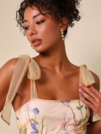 プロムドレス Aライン スクエアネック レース ノースリーブ アップリケ パーティードレス