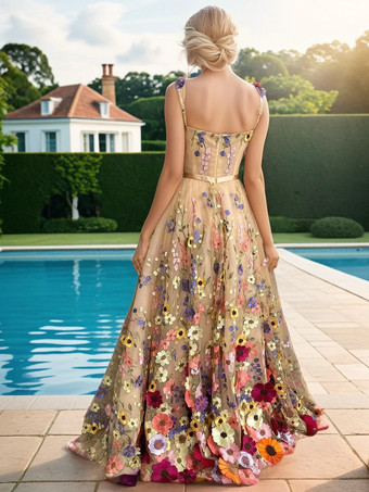 プロムドレス レース バトーネック Aライン ノースリーブ アップリケ パーティードレス