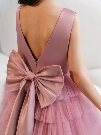 ウェディング フラワーガールドレス 特別な日のドレス フクシアピンク ノースリーブ リボン