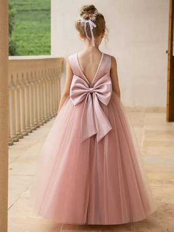 ウェディング フラワーガールドレス 特別な日のドレス ピンクのノースリーブ リボン