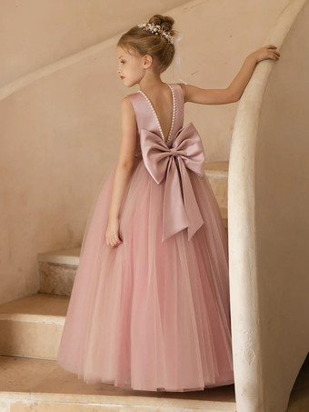 ウェディング フラワーガールドレス 特別な日のドレス ピンクのノースリーブ リボン