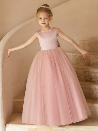 ウェディング フラワーガールドレス 特別な日のドレス ピンクのノースリーブ リボン