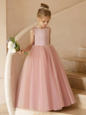 ウェディング フラワーガールドレス 特別な日のドレス ピンクのノースリーブ リボン