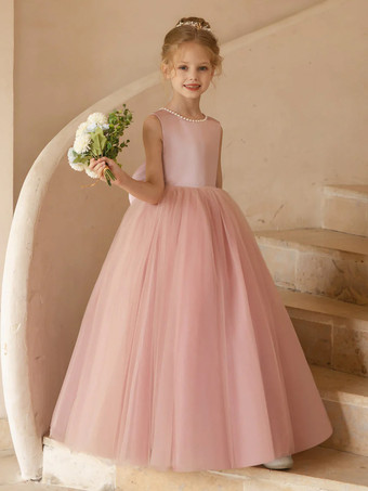 ウェディング フラワーガールドレス 特別な日のドレス ピンクのノースリーブ リボン