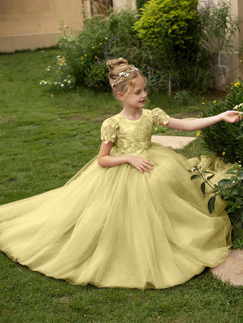 黄緑色ウェディング フラワーガールドレス 特別な日のドレス オリーブグリーン 半袖 リボン