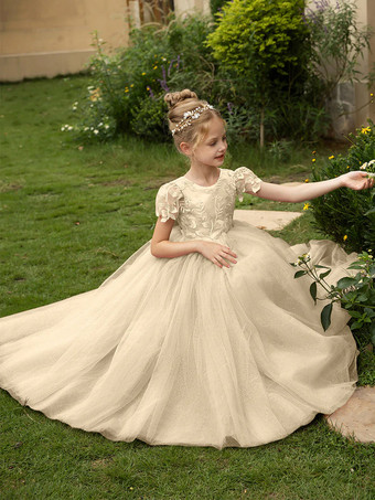 シャンパンウェディング フラワーガールドレス 特別な日のドレス オリーブグリーン 半袖 リボン