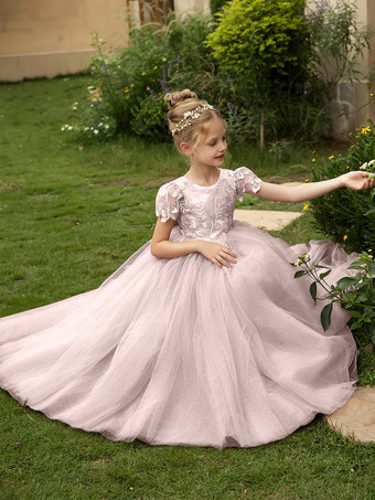 ソフトピンクウェディング フラワーガールドレス 特別な日のドレス オリーブグリーン 半袖 リボン