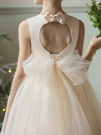 ウェディング フラワーガールドレス 特別な日のドレス シャンパン ノースリーブ リボン