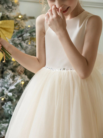 ウェディング フラワーガールドレス 特別な日のドレス シャンパン ノースリーブ リボン