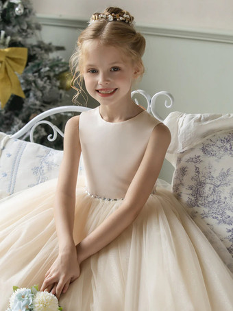 ウェディング フラワーガールドレス 特別な日のドレス シャンパン ノースリーブ リボン