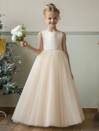 ウェディング フラワーガールドレス 特別な日のドレス シャンパン ノースリーブ リボン
