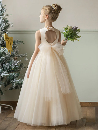 ウェディング フラワーガールドレス 特別な日のドレス シャンパン ノースリーブ リボン