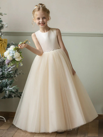 シャンパンウェディング フラワーガールドレス 特別な日のドレス シャンパン ノースリーブ リボン