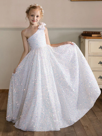 ホワイトウェディング フラワーガールドレス 特別な日のドレス ホワイト ノースリーブ スパンコール
