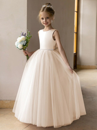 シャンパンウェディング フラワーガールドレス 特別な日のドレス ロータス ピンク ノースリーブ リボン