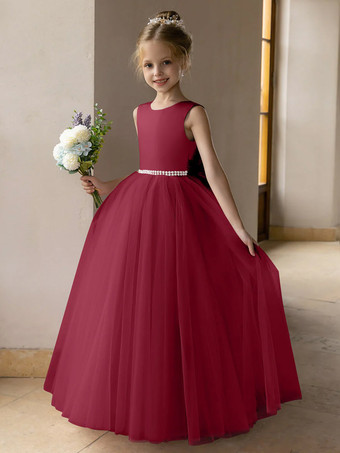 バーガンディーウェディング フラワーガールドレス 特別な日のドレス ロータス ピンク ノースリーブ リボン