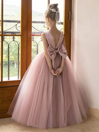 ウェディング フラワーガールドレス 特別な日のドレス ロータス ピンク ノースリーブ リボン