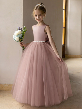 サーモンピンクウェディング フラワーガールドレス 特別な日のドレス ロータス ピンク ノースリーブ リボン