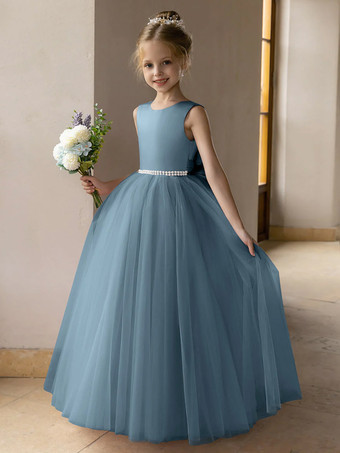 ブルーウェディング フラワーガールドレス 特別な日のドレス ロータス ピンク ノースリーブ リボン