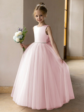 ソフトピンクウェディング フラワーガールドレス 特別な日のドレス ロータス ピンク ノースリーブ リボン