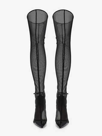 オーバーニーブーツ ブラック メッシュ セクシー ポインテッドトゥ サイハイサンダルブーツ