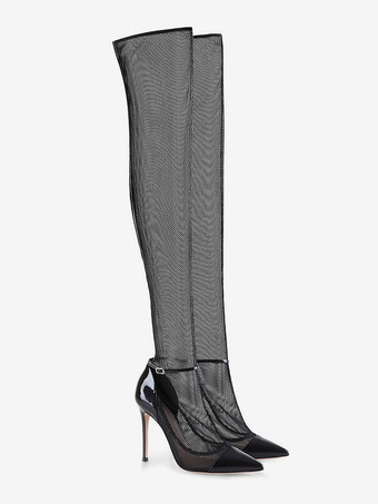 オーバーニーブーツ ブラック メッシュ セクシー ポインテッドトゥ サイハイサンダルブーツ