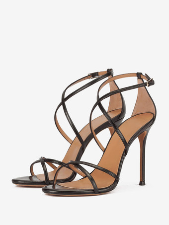 ブラック レディースヒールサンダル メタリック ラウンドトゥ スティレットヒール パーティーシューズ