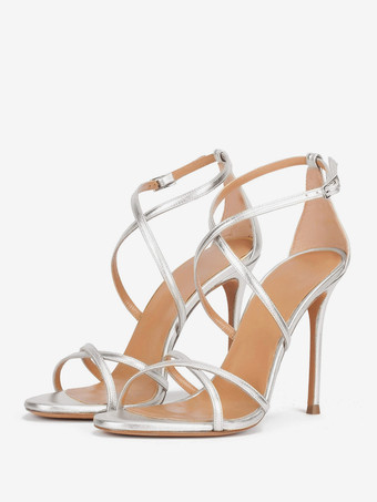 シルバー レディースヒールサンダル メタリック ラウンドトゥ スティレットヒール パーティーシューズ