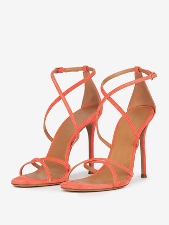 コーラルレッドレディースヒールサンダル メタリック ラウンドトゥ スティレットヒール パーティーシューズ