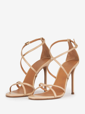 ライト アプリコットレディースヒールサンダル メタリック ラウンドトゥ スティレットヒール パーティーシューズ