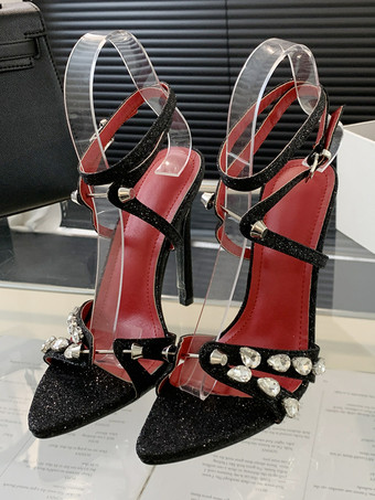 ブラック レディースヒールサンダル ポインテッドトゥ スティレットヒールサンダル PUレザー