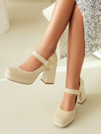 アイボリー レディース プラットフォーム パンプス スクエアトゥ チャンキーヒール バックル ストラップ メリージェーン パンプス
