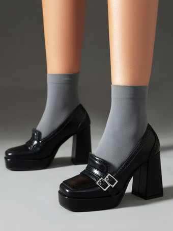 レディース バックル チャンキーヒール ローファー PUレザー