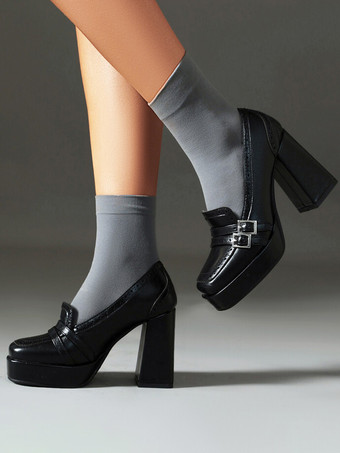 ブラック レディース バックル チャンキーヒール ローファー PUレザー