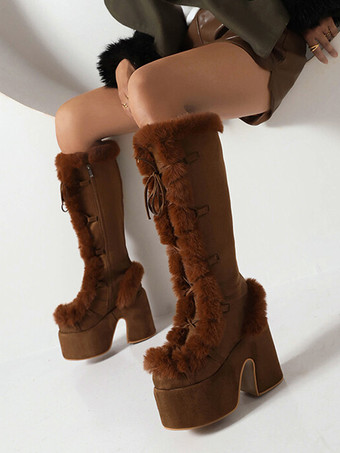 ニーブーツ レディース カーキ チャンキーヒール 膝丈 冬用ブーツ