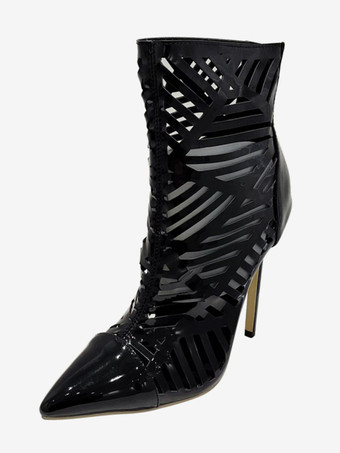 ブラック ブラック アンクルブーツ ポインテッドトゥ カットアウト ハイヒール サンダル ブーティ