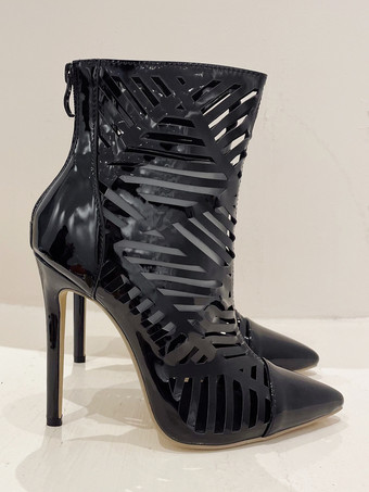 ブラック アンクルブーツ ポインテッドトゥ カットアウト ハイヒール サンダル ブーティ