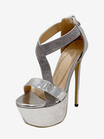 シルバー セクシーなハイヒールブーツ オープントゥ ジッパー ラインストーン スティレットヒール レイブクラブ シルバー サイハイブーツ オーバーザニーブーツ