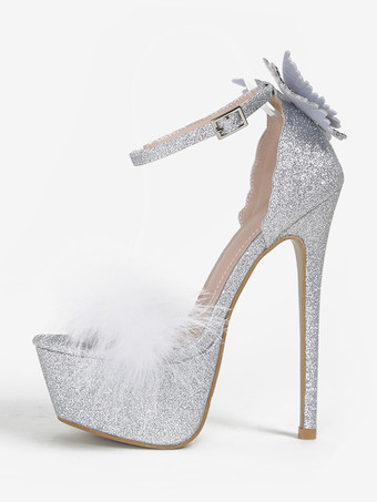 ホワイト レディース セクシーサンダル ピンク PUレザー ピープトゥ 2インチ リボン 6.3インチ セクシーシューズ