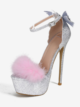 ピンク レディース セクシーサンダル ピンク PUレザー ピープトゥ 2インチ リボン 6.3インチ セクシーシューズ