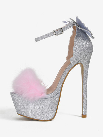 レディース セクシーサンダル ピンク PUレザー ピープトゥ 2インチ リボン 6.3インチ セクシーシューズ